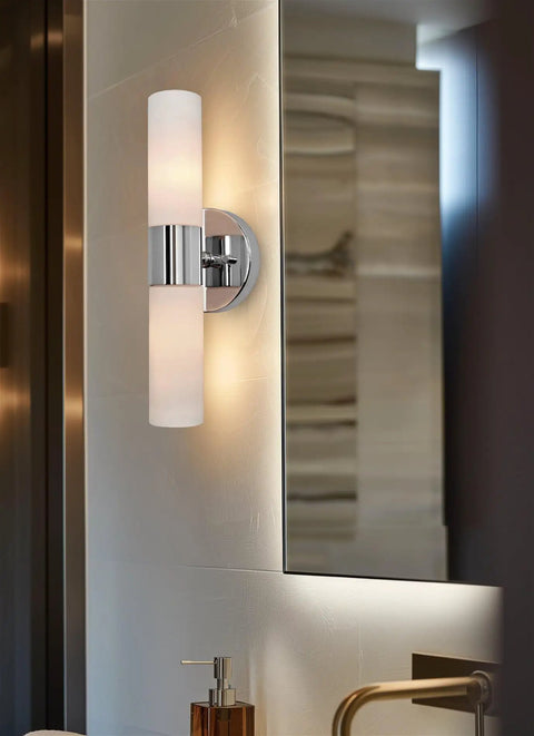 Dual 14 Inch Modern Wall Sconce With Frosted Glass Cylinder Shades In Chrome Finish, Linear 2-Light Bath Vanity Lighting on wall