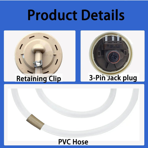 Washer Pressure Switch And Water Level Sensor Replacement For Samsung And LG Washers with retaining clip, 3-pin jack plug, and PVC hose.