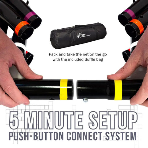 Mevo Launch Monitor Bundle With Pro Series Golf Net And Side Barriers showing push-button connect system and duffle bag