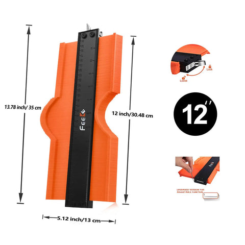 12 Inch Contour Gauge With Lock Profile Tool For Woodworking And Carpentry Dual Scale Duplicator shown with measurements and locking feature