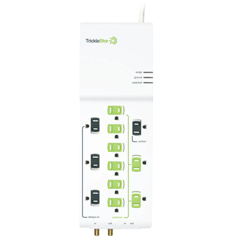 Front view of the Beefy 12 Outlet Surge Protector Power Strip With 4320 Joules, coax and RJ11 protection, showing outlets and LED indicators.