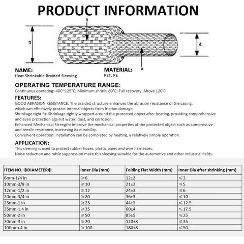 20 Ft 1/2 Inch 2 To 1 Heat Shrink Braided Sleeving For Wiring Harness Protection, Abrasion Resistant Cable Sheath Tubing, Flexible And Durable, Beefy Protection For Automotive And DIY Electrical Projects. product info chart