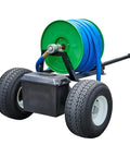 Tough As Nails Heavy Duty Hose Reel Trailer Cart Caddy with blue hose, black chassis, and smooth golf tires for easy transport.