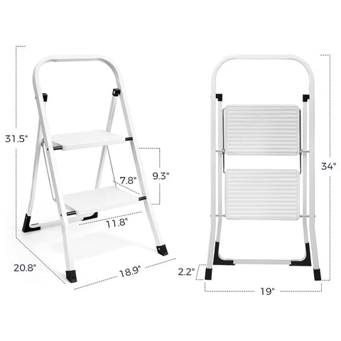 Two Step Folding Ladder With Handgrip And Wide Anti Slip Pedals Heavy Duty Safe Lightweight Step Stool shown open and folded.