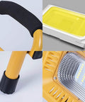 JUDYSSY Home Floodlight close-up of handle, LED panel, and base; portable and rechargeable for BBQ and camping.