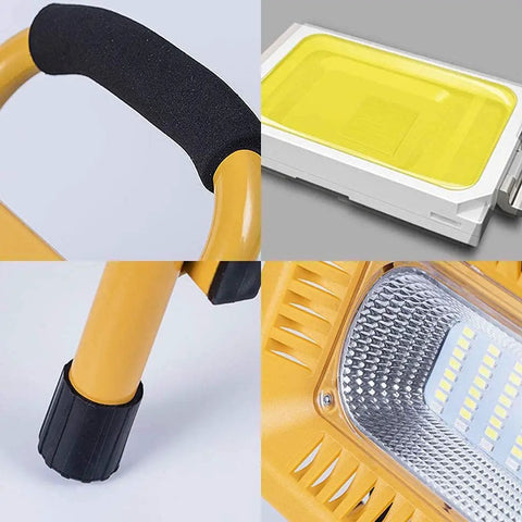 JUDYSSY Home Floodlight close-up of handle, LED panel, and base; portable and rechargeable for BBQ and camping.