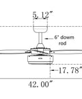 Diagram of 42 Inch Modern Indoor Ceiling Fan With Dimmable Light Kit And Remote Control, Reversible Blades, ETL Listed dimensions.