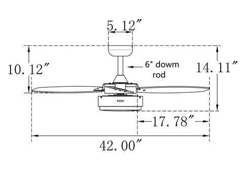 Diagram of 42 Inch Modern Indoor Ceiling Fan With Dimmable Light Kit And Remote Control, Reversible Blades, ETL Listed dimensions.