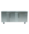 Kick Butt Commercial Under Counter Refrigerator Three Self Closing Doors Stainless Steel Interior Smooth Wipe Down Rounded Corners 72 Inches