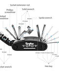 All In One Bike Repair Kit With Tire Pump And Waterproof Frame Bag Glueless Patches 16 In 1 Multitool shown unfolded