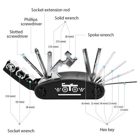 All In One Bike Repair Kit With Tire Pump And Waterproof Frame Bag Glueless Patches 16 In 1 Multitool shown unfolded