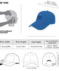 Blue Yacht Style Unisex Adjustable Cap For Women And Men with size chart, showing dimensions and adjustable buckle.