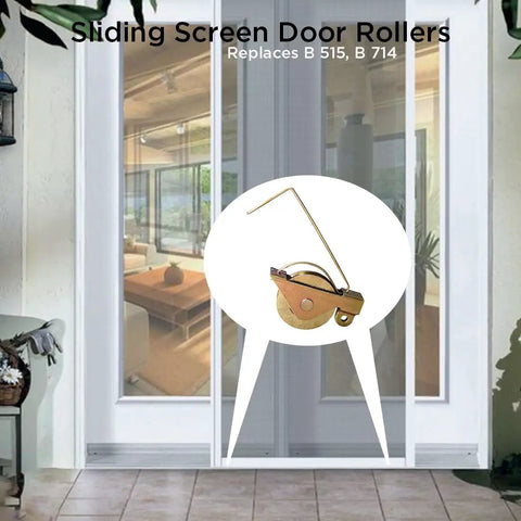 Four Pack One And One Quarter Inch Sliding Screen Door Wheel Replacements With Tension Springs And Concave Steel Ball Bearing Rollers Fits Most Sliding Screen Doors Replaces B 515 And B 714 Universal Compatibility shown on sliding doors.