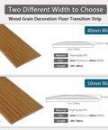 Two width options for wood grain floor transition strip, showing 40mm and 50mm widths in PVC, 10ft each