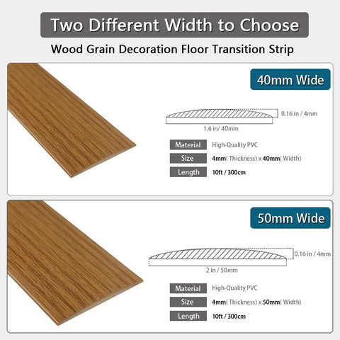 Two width options for wood grain floor transition strip, showing 40mm and 50mm widths in PVC, 10ft each