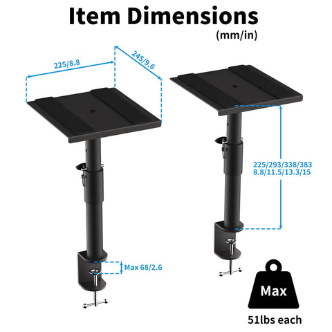 Clamp On Speaker Stand Desk Mount Set With Height Adjustable Swivel Trays for Bookshelf Speakers 9.6 by 8.8 Inch Platform