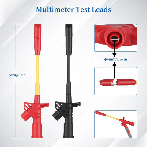 27 Piece Multimeter Test Leads Probes Kit With Big And Small Alligator Clips, shown with specifications.