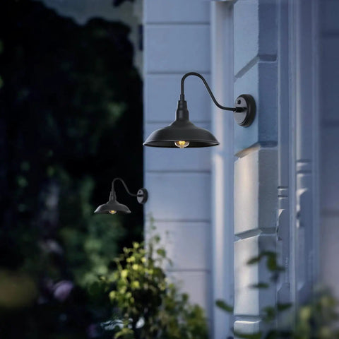 Outdoor Gooseneck Barn Light With Dusk To Dawn Sensor Matte Black Exterior Wall Mount Fixture illuminating porch wall
