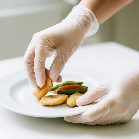 Hand wearing Top Shelf Disposable Clear Vinyl Exam Gloves Medical Grade XL 100 Count Pack grabbing food on a plate.