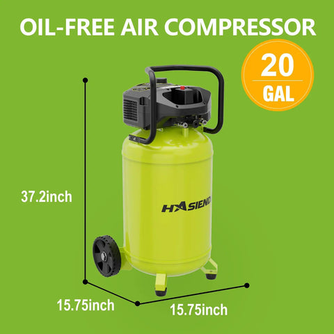 Hasiendea 20 Gallon Vertical Air Compressor, 150 PSI Max Oil-Free With Brushless Motor. Quiet Workshop Unit For Garage Painting, Carpentry, Auto Repair & Nailin'. Includes 4 Piece Tool Bundle Set