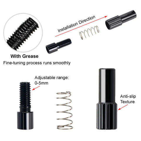 Components of Dope Inline Bike Cable Adjuster Set, CNC Aluminum Alloy, Anodized Black, showing installation, spring, and texture details