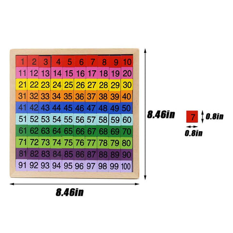 Wooden Math Learning Board Toy For Kids, Montessori 1 To 100 Hundred Chart with colorful numbered squares and dimensions shown
