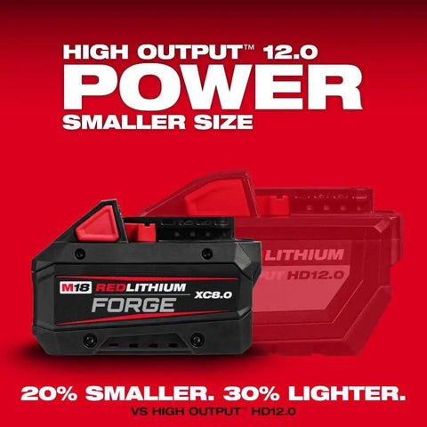 M18 Redlithium Forge 8.0 Ah Rechargeable Battery Pack Featuring Cool Cycle Active Cooling And High Output 12.0 showing design features and size comparison.