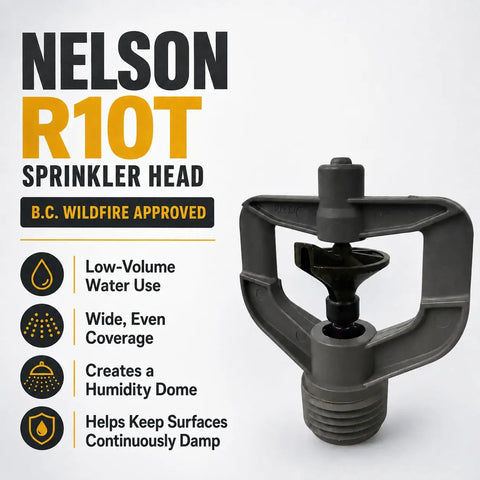 Single Standard Mount Pin Connect Fire Sprinkler For Wildfire Yard Defense And Property Guard Featuring Hassle Free Garden Hose Hookups And Built Tough Outer Ring Design, close-up view of the sprinkler head.
