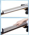 Upgrade Your Guitar Game With This Full 29 Piece Setup Kit Packed With A Sixteen Inch Fret Leveling Beam in use on guitar neck.