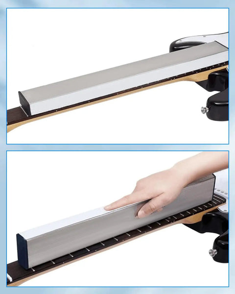 Upgrade Your Guitar Game With This Full 29 Piece Setup Kit Packed With A Sixteen Inch Fret Leveling Beam in use on guitar neck.