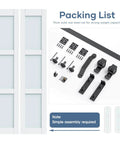 Packing list for 36 By 84 Inch Space Saver Bifold Barn Door With Frosted Glass Panel And PVC Coated MDF, Sliding Barn Door Kit With Hardware