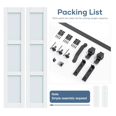 Packing list for 36 By 84 Inch Space Saver Bifold Barn Door With Frosted Glass Panel And PVC Coated MDF, Sliding Barn Door Kit With Hardware