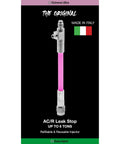 Front view of Extreme Ultra A/C leak-stop injector with pink tube, metal fittings, 1/4 SAE port, made in Italy