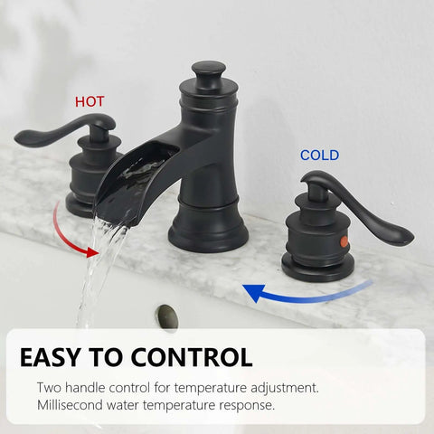 Matte Black Widespread Bathroom Faucet With Waterfall Spout Farmhouse Style 3 Hole Sink Faucet Two Handle 8 Inch Centers