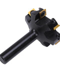 Top Tier 2 Inch Slab Flattening Router Bit Featuring Six Durable Carbide Inserts With A 1/2 Inch Shank, angled view showing insert details.