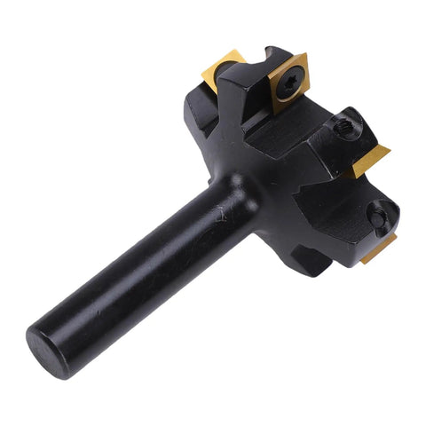 Top Tier 2 Inch Slab Flattening Router Bit Featuring Six Durable Carbide Inserts With A 1/2 Inch Shank, angled view showing insert details.