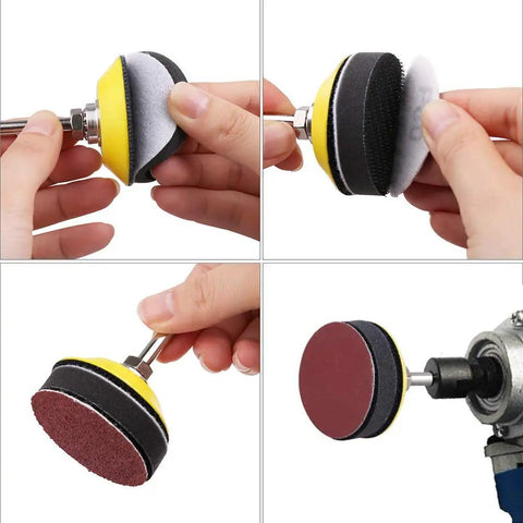 Built Tough 300 Piece 2 Inch Sanding Disc Set Packing 80 To 3000 Grit Grades shows quick swap backing pad for sanding use.