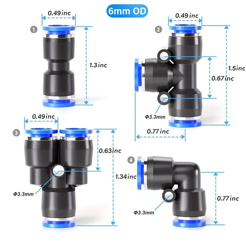 Get A Sweet Deal On This 60 Piece Air Hose Fittings Kit With Quick Push Connectors For All Your Pneumatic Needs Including Elbows Ttees Splitters And Straight Unions In Plastic That Makes Repairing And Routing Air Lines Super Easy And Fast Today. 6mm OD plastic push-to-connect air hose fittings, elbow and tee sizes