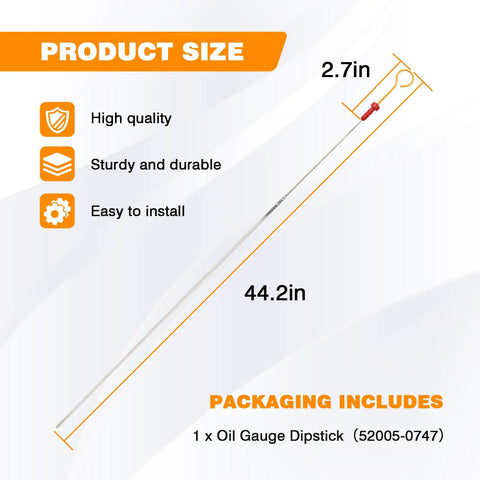 Oil Gauge Dipstick 52005-0747 Replacement For Mule 4000 4010 showing size 44.2in x 2.7in with packaging details