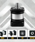 Precision Planetary Gearbox Speed Reducer With Ratios From 16 To 1 Through 70 To 1, showing front, side, top, and bottom views.