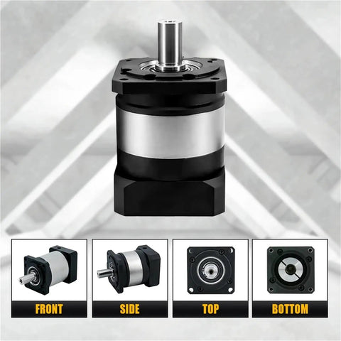 Precision Planetary Gearbox Speed Reducer With Ratios From 16 To 1 Through 70 To 1, showing front, side, top, and bottom views.