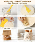 All In One Sourdough Starter Kit with silicone spatula, brush, bowl scraper, cleaning brush, bread bag, and linen bag for artisan baking.
