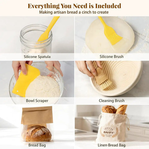 All In One Sourdough Starter Kit with silicone spatula, brush, bowl scraper, cleaning brush, bread bag, and linen bag for artisan baking.