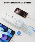 25 Ft Heavy Duty Extension Cord With Flat Plug And 8 Outlet Surge Protector USB Ports 1080 Joules 15A Circuit Breaker in use