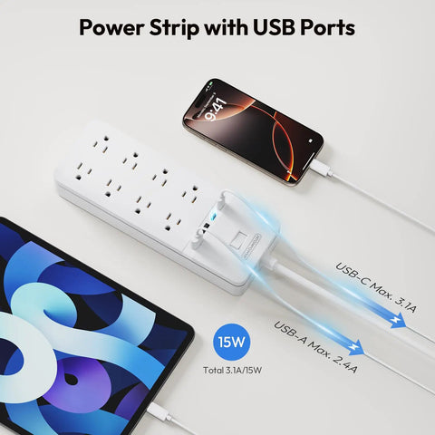 25 Ft Heavy Duty Extension Cord With Flat Plug And 8 Outlet Surge Protector USB Ports 1080 Joules 15A Circuit Breaker in use