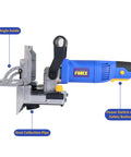Pro Shop Grade Dual Spindle Dowel Jointer Woodworking Tool 710 Watt Motor showing angle guide and dust collection pipe.