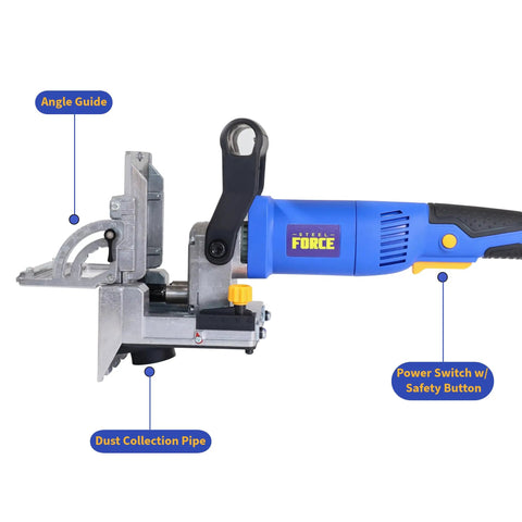 Pro Shop Grade Dual Spindle Dowel Jointer Woodworking Tool 710 Watt Motor showing angle guide and dust collection pipe.