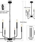 Black Farmhouse Chandeliers For Dining Room 26 Inch 6 Light Modern Candle Linear Traditional Metal Hanging Ceiling Light Fixture For Kitchen Living Room Foyer Bedroom, showing adjustable height, bulbs, and dimensions.