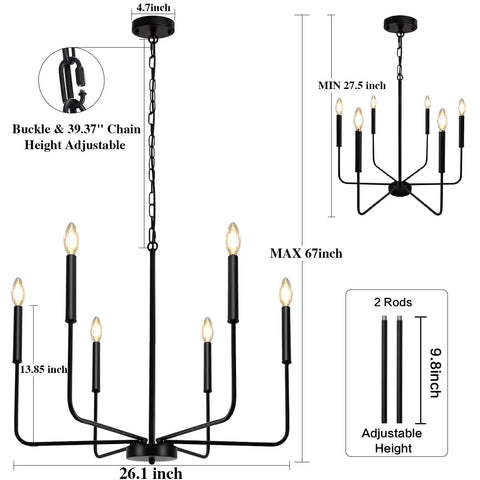 Black Farmhouse Chandeliers For Dining Room 26 Inch 6 Light Modern Candle Linear Traditional Metal Hanging Ceiling Light Fixture For Kitchen Living Room Foyer Bedroom, showing adjustable height, bulbs, and dimensions.