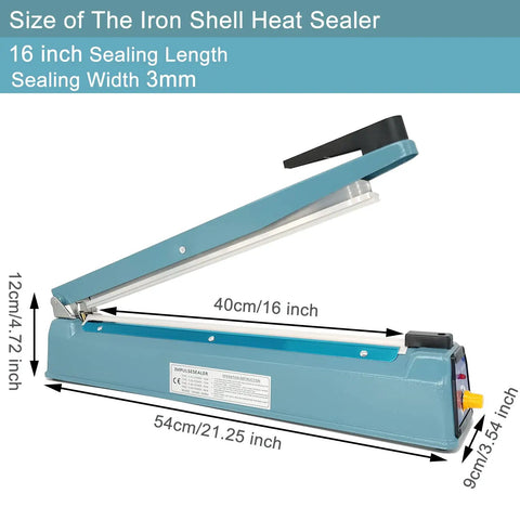 Impulse Sealer 16 Inch Workhorse Heat Sealer For Plastic Bags And Mylar Bags dimensions displayed